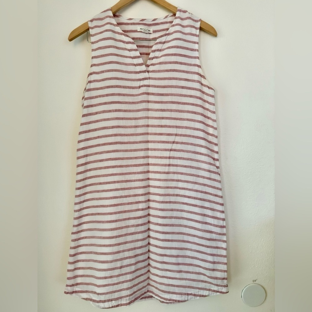 Beach Lunch Lounge Dress women’s M Linen Sleeveless Striped V Neck Beachy Pink